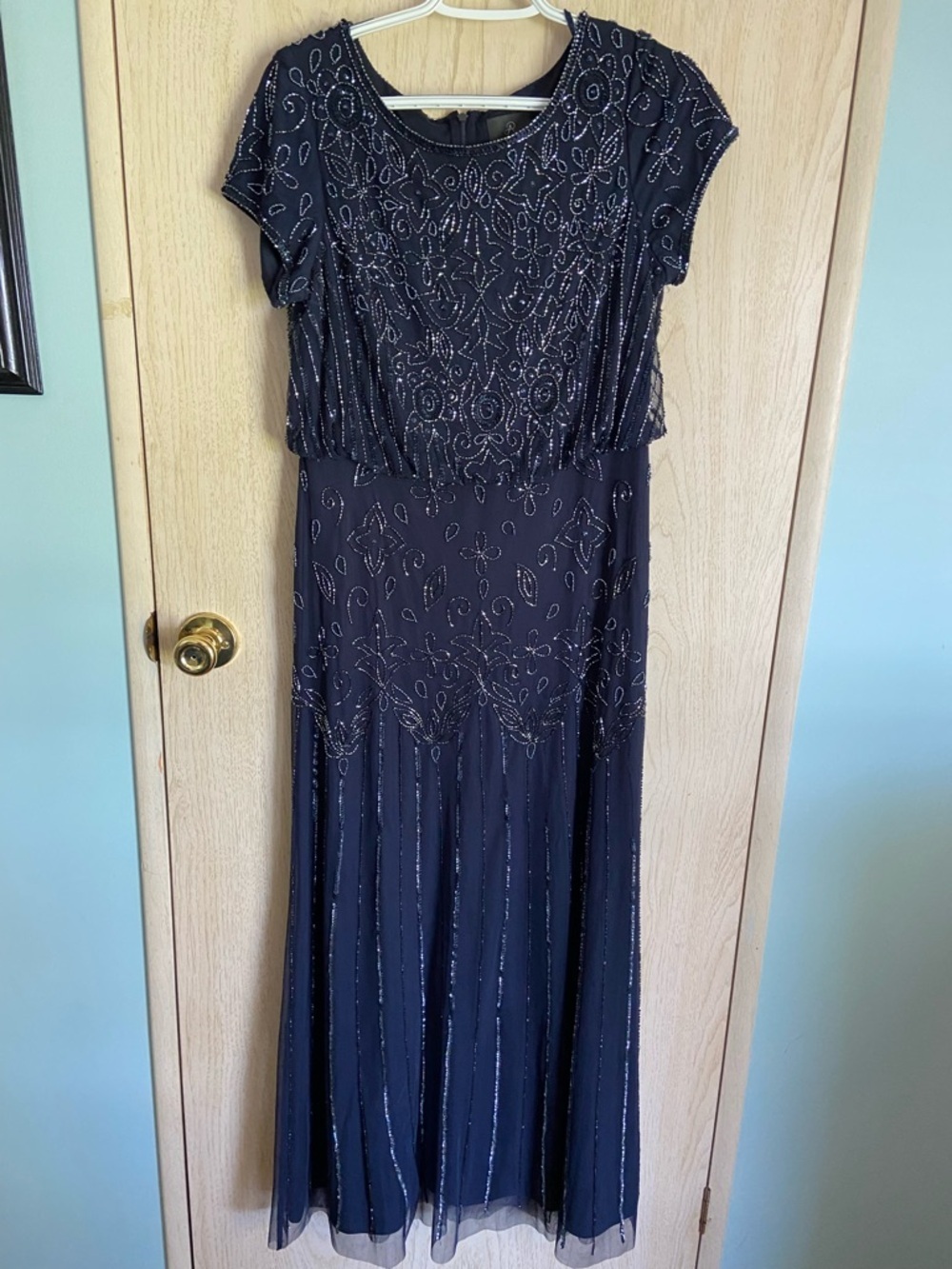 Adrianna Papell Women's Beaded Short-Sleeve Sheer-Overlay Gown 10 Petite FLAW - Picture 2 of 16